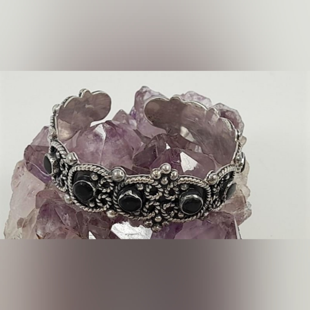 Southwest Mexico 925 Sterling Silver Onyx Cuff Vintage Bracelet
